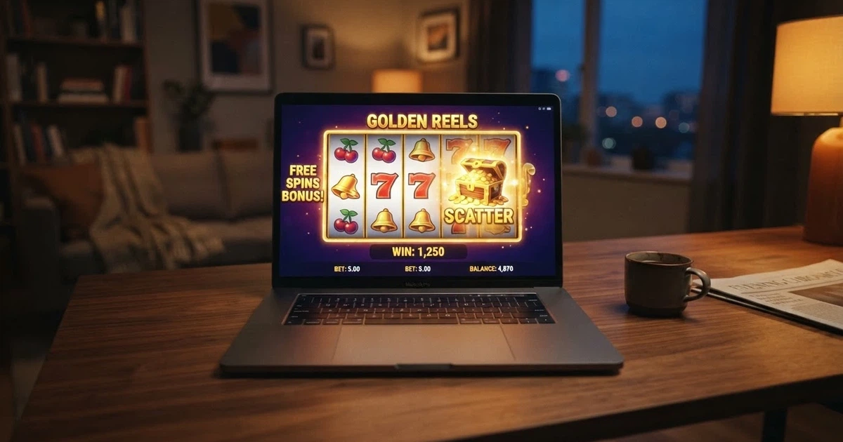 Primo piano di una slot machine online con il simbolo dei giri gratis illuminato sullo schermo di un portatile, ambiente domestico serale