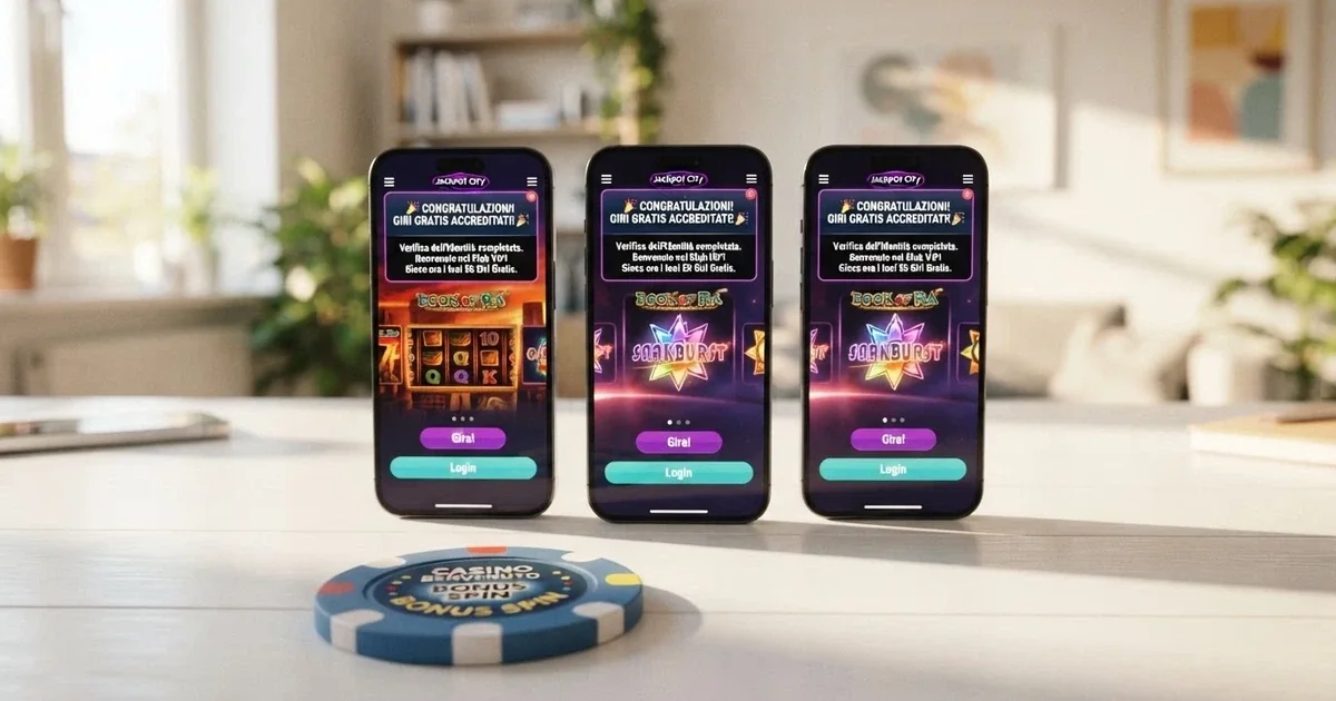 Tre smartphone affiancati mostrano l'interfaccia di un casinò online italiano con una notifica di accredito di giri gratis, in primo piano una carta d'identità italiana appoggiata su una scrivania luminosa