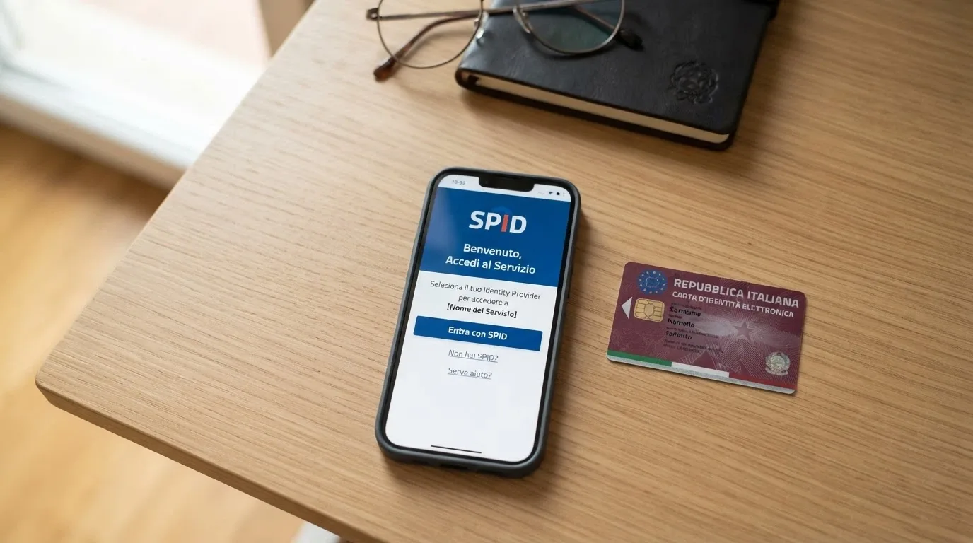 Smartphone con schermata di login SPID accanto a una Carta d'Identità Elettronica appoggiata su una scrivania