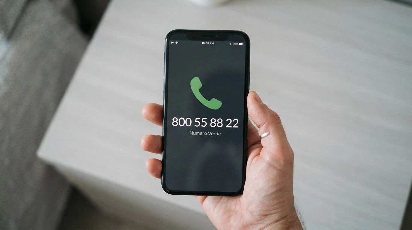 Una mano che compone un numero su un telefono con il logo dell'Istituto Superiore di Sanità sullo sfondo
