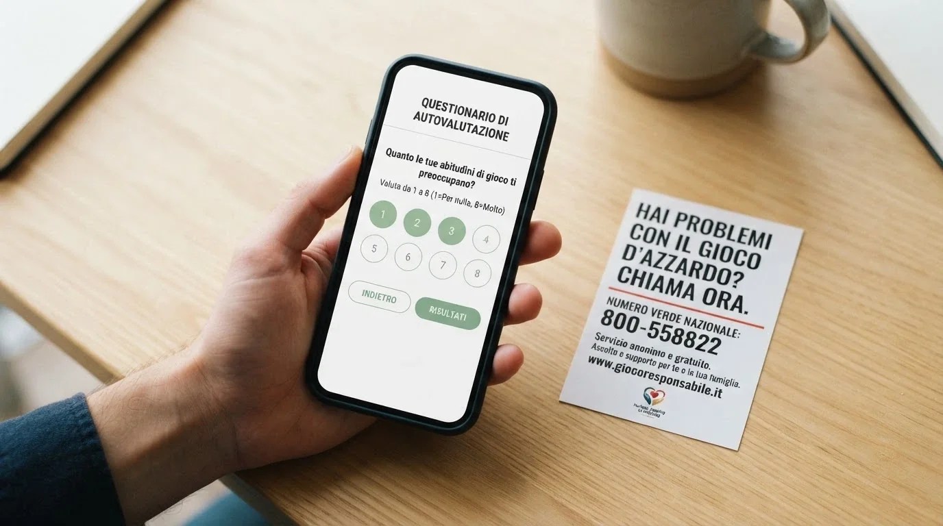 Uno smartphone con l'interfaccia di un'app di autovalutazione e un telefono con un numero verde in sovrimpressione