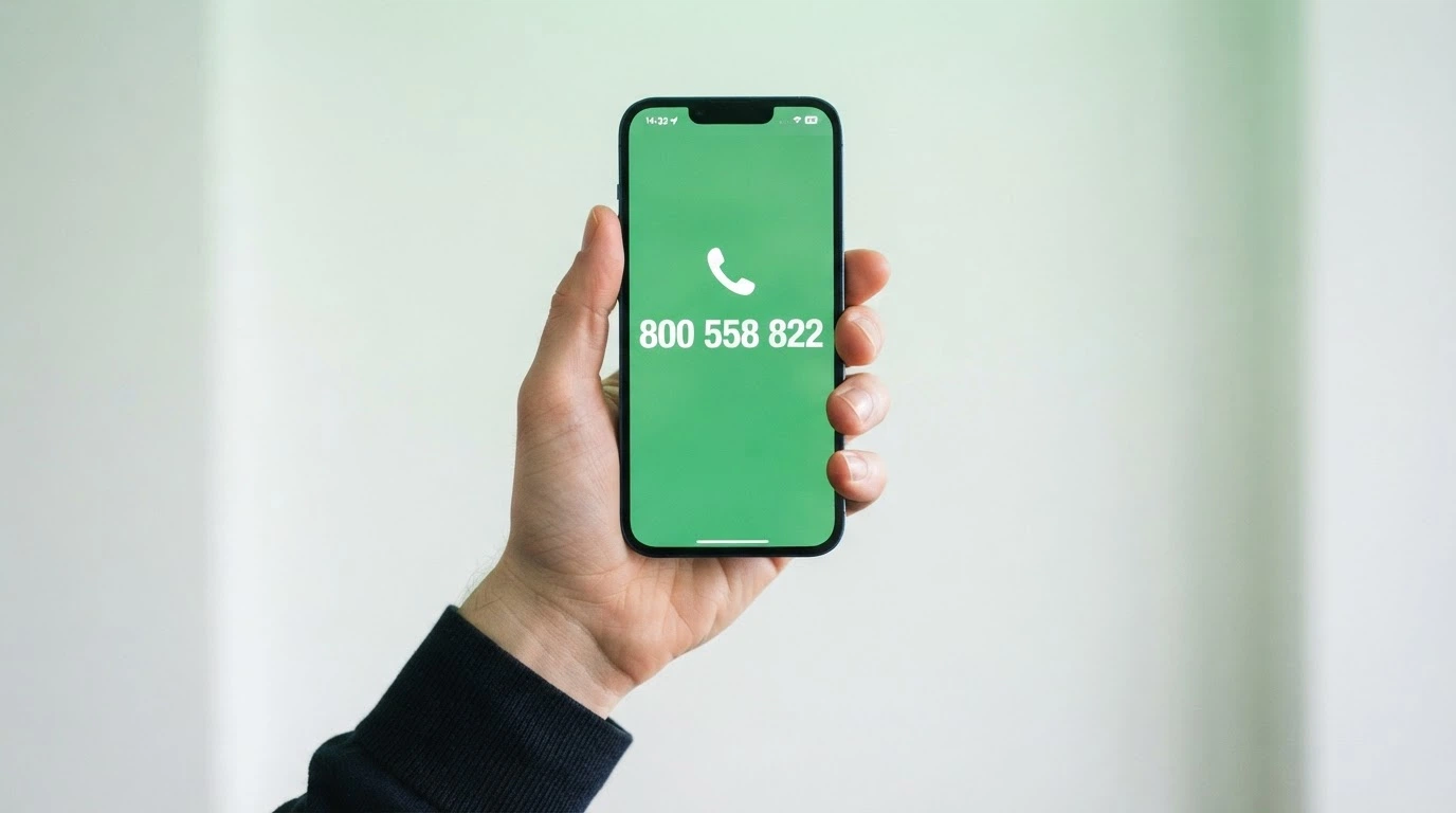 Una mano che compone un numero su un telefono, con il numero 800 558 822 visibile, su sfondo verde e bianco