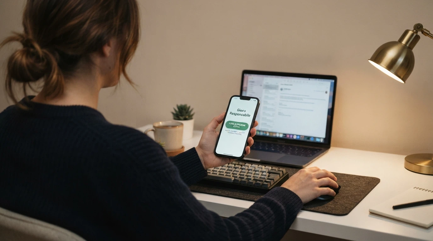 Una persona seduta al computer con una mano sul mouse e l'altra che tiene uno smartphone con il numero verde 800 558822 sullo schermo