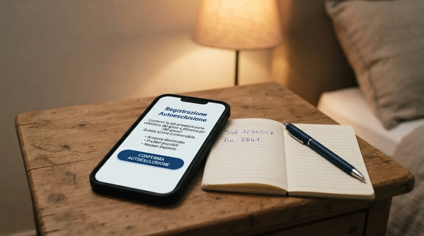 Smartphone con la schermata del portale ADM per l'autoesclusione, affiancato da un notes con il numero verde TVNGA scritto a penna