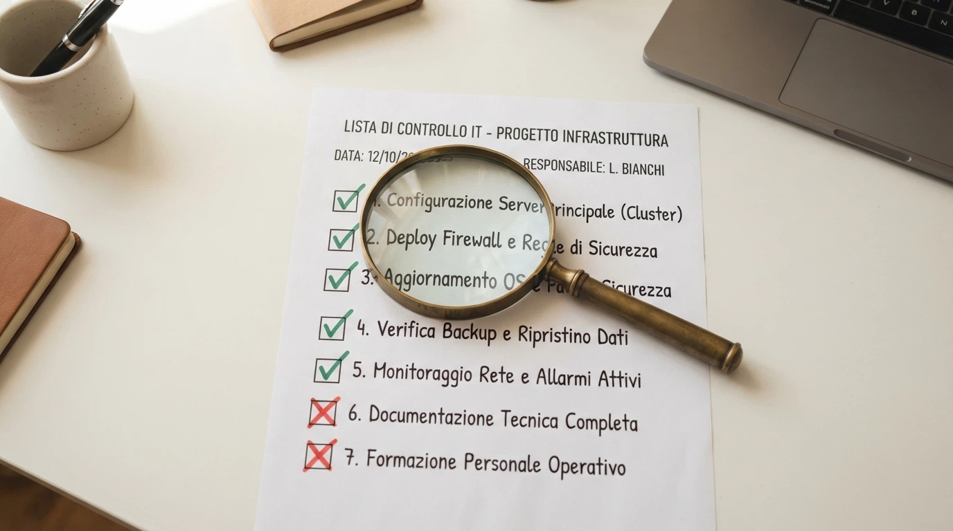 Una lente di ingrandimento su una lista di controllo con sette voci: cinque spuntate in verde (licenza, provider, termini bonus, recensioni, assistenza) e due in rosso non spuntate (limite prelievo, dominio recente)