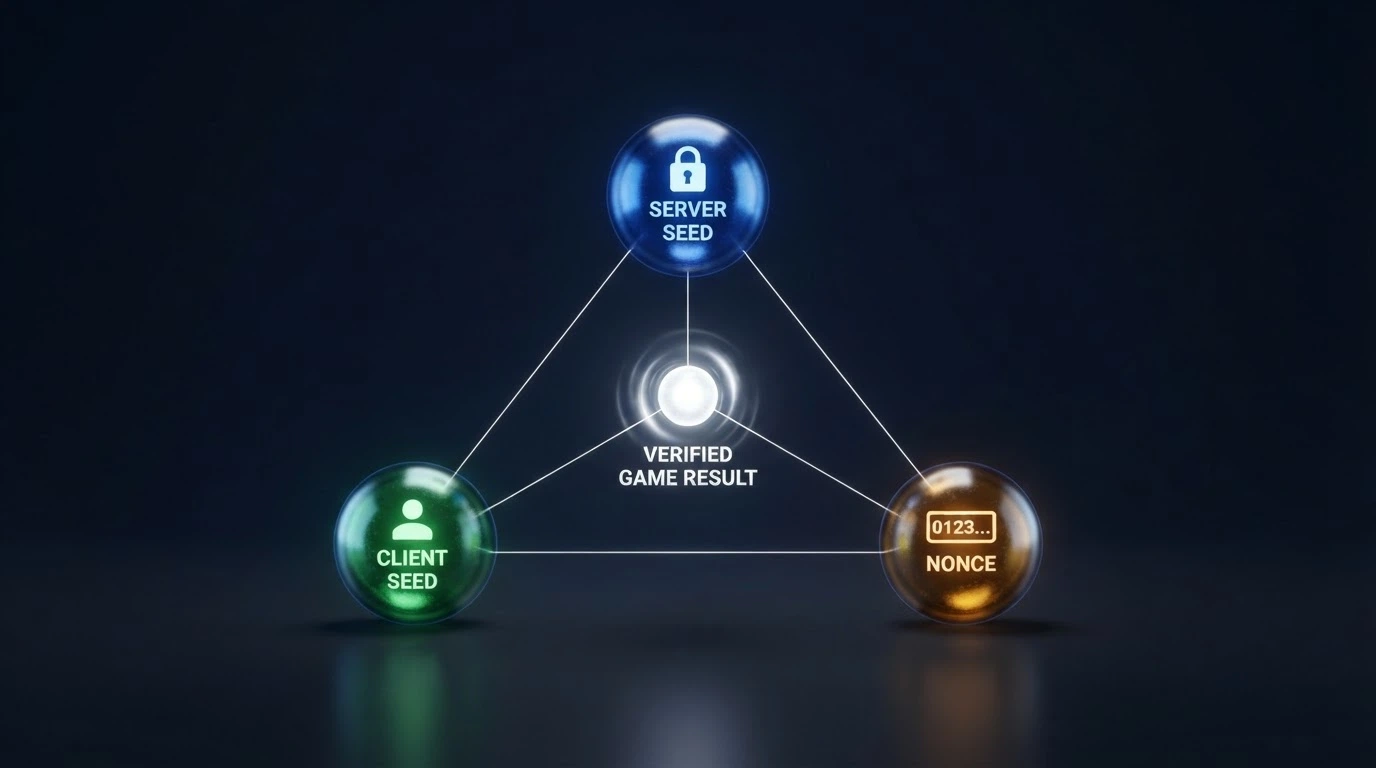 Una rappresentazione grafica di una blockchain con semi (server seed, client seed) che generano un risultato di gioco verificabile