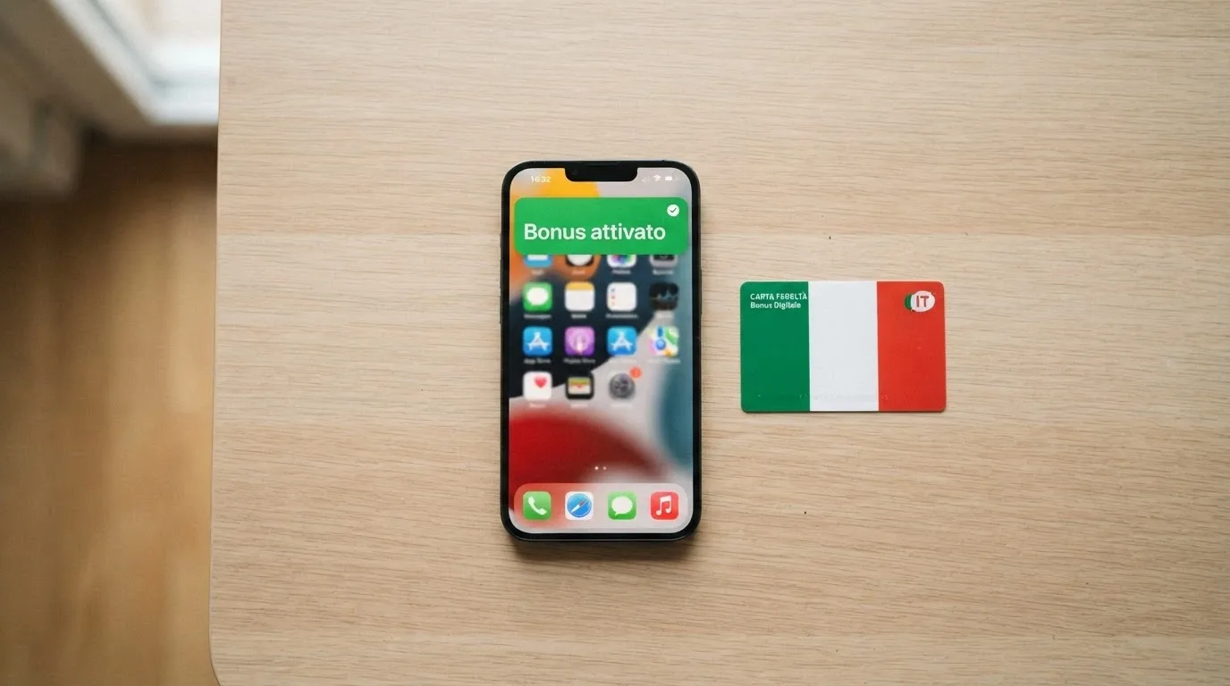 Uno smartphone con una notifica di accredito bonus accanto a una carta d'identità italiana, su una scrivania ordinata