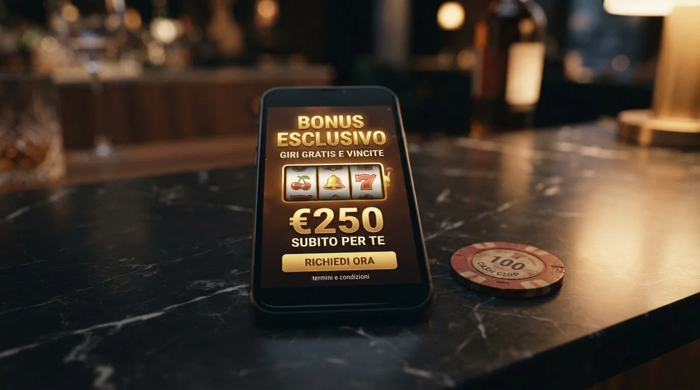Schermata promozionale di un bonus senza deposito con free spins su un'app casinò per iPhone