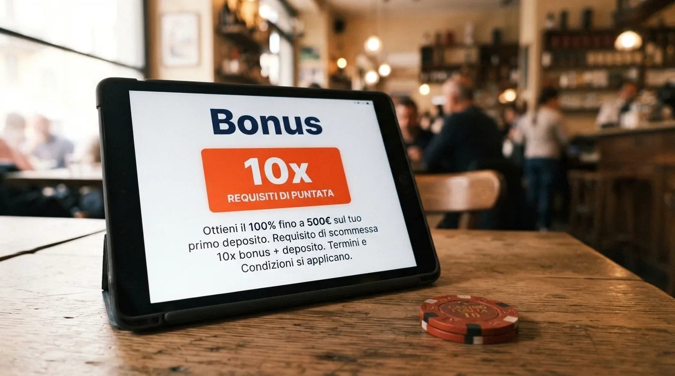 Pagina promozionale di un casinò ADM con riquadro «Bonus senza deposito» e condizioni di wagering in evidenza