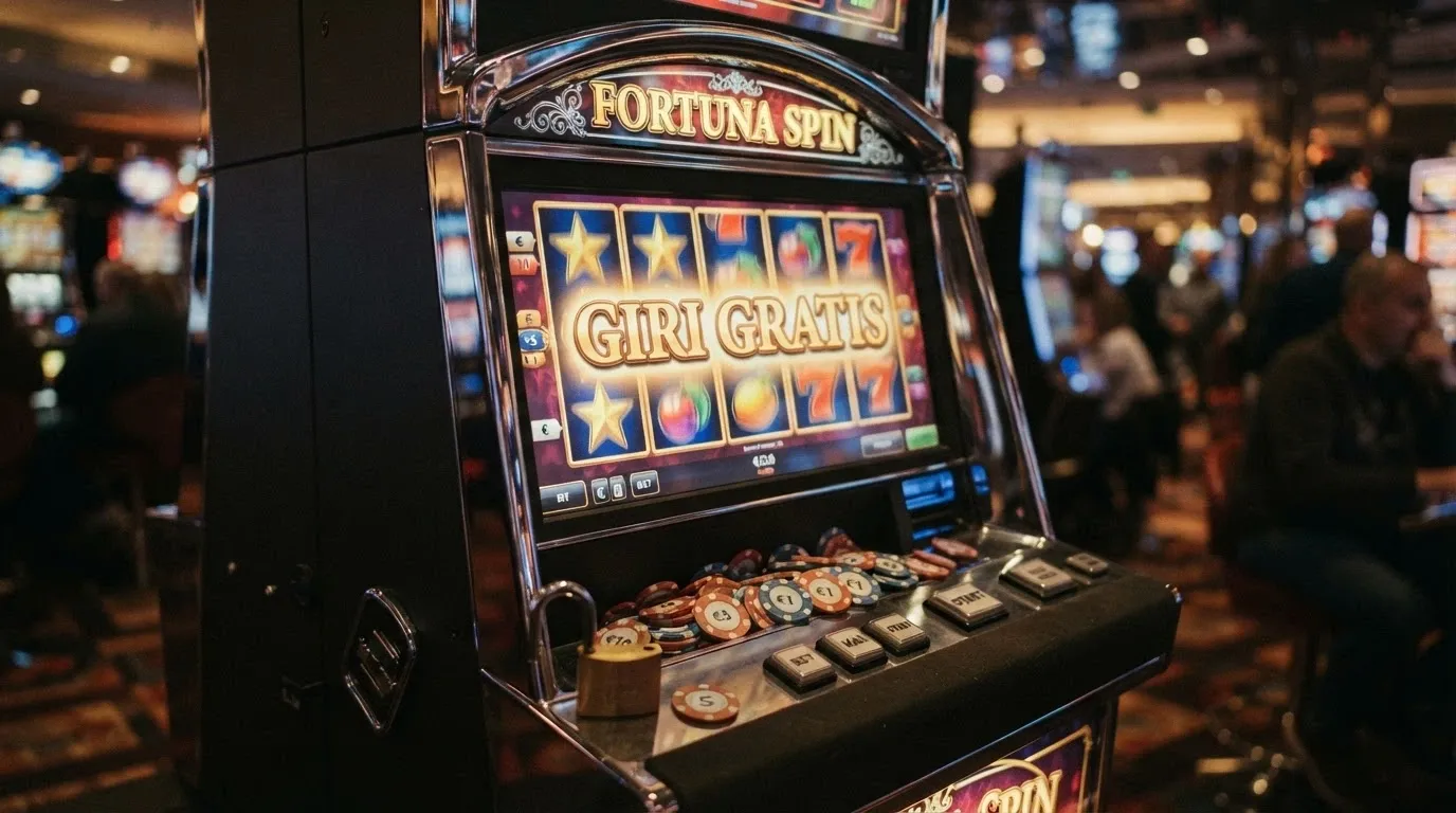 Una slot machine con la scritta «FREE SPINS» sul display e alcune monete che escono dallo schermo, con un piccolo lucchetto aperto in primo piano