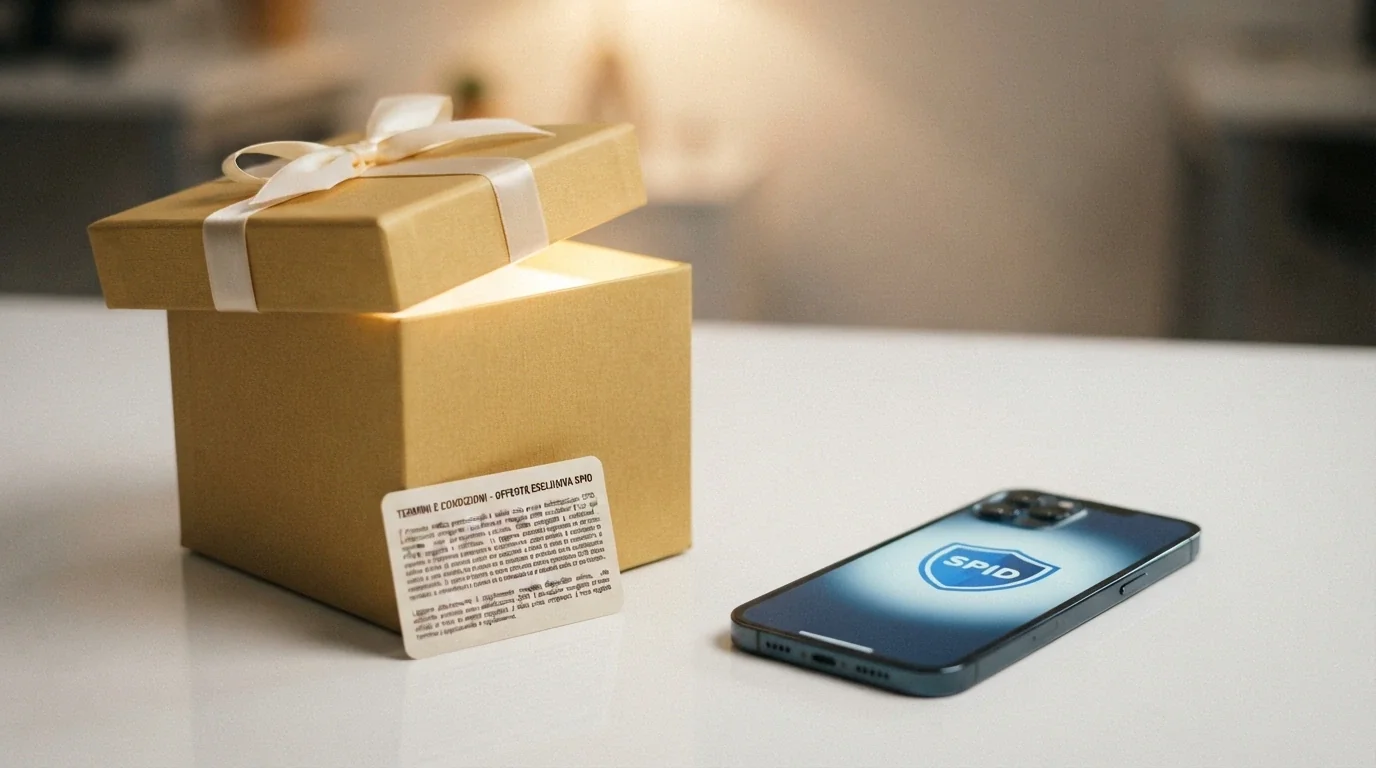Un bonus senza deposito rappresentato come un regalo con il simbolo SPID accanto, con il logo di un casinò ADM sullo sfondo