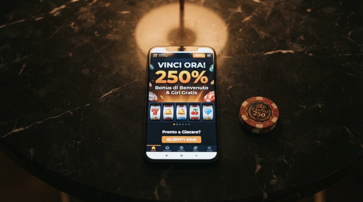Banner promozionale di un casinò online con la scritta «Bonus di Benvenuto 100% fino a 500€ + 200 Giri Gratuiti» e in piccolo le condizioni di wagering