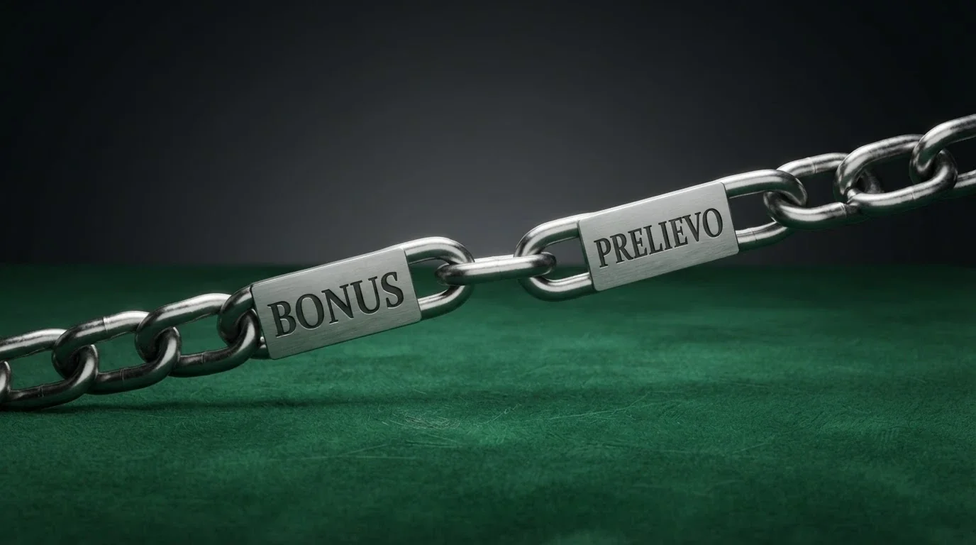 Una catena spezzata in due metà: la prima con la scritta «Bonus», la seconda con «Prelievo», su sfondo scuro con texture da tavolo da gioco