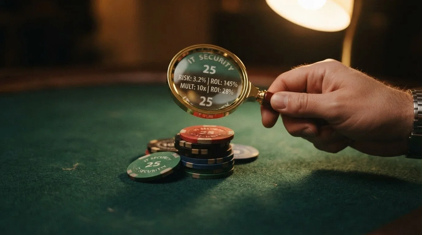 Una pila di fiches da casinò con una lente di ingrandimento che ne rivela i termini in piccolo (percentuali, moltiplicatori, scadenze)