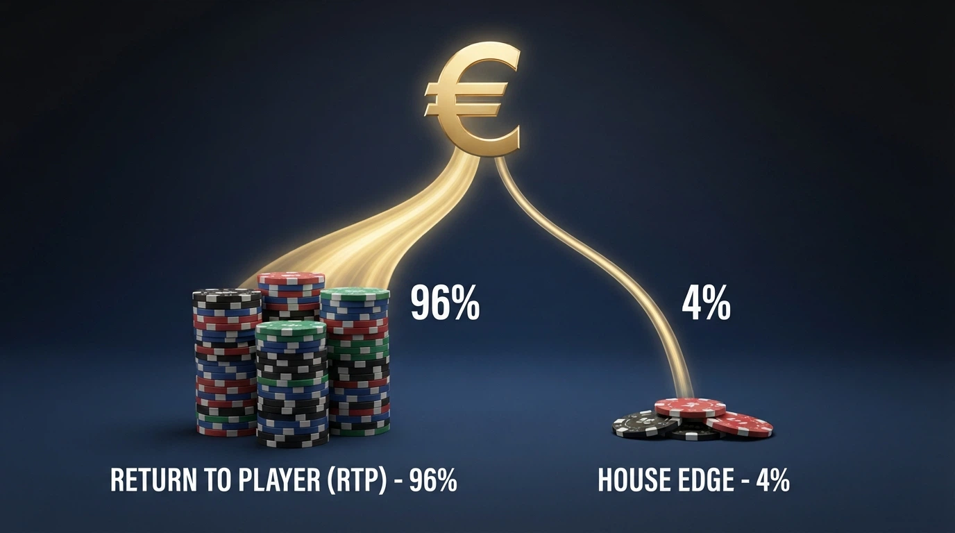 Un diagramma che mostra il flusso di 100€ scommessi e la ripartizione visiva tra ritorno al giocatore e margine del banco