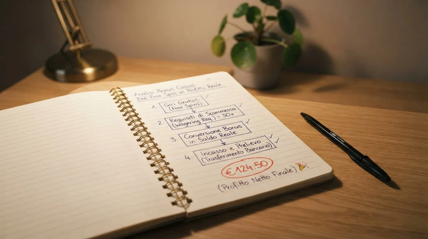 Un blocco note con una penna accanto, su cui è tracciato il percorso: giri gratis → vincita → wagering → cap prelievo → bonifico, con una cifra cerchiata in rosso
