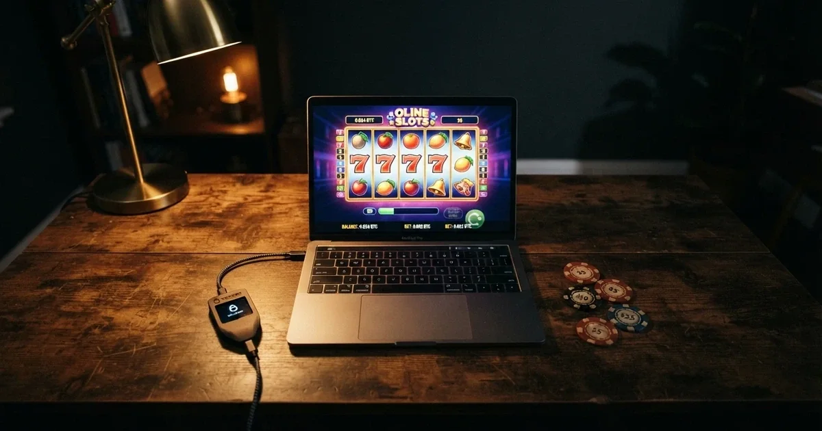 Una scrivania con laptop che mostra l’interfaccia di un casinò online, accanto un wallet hardware per Bitcoin e alcune banconote in euro, su sfondo scuro