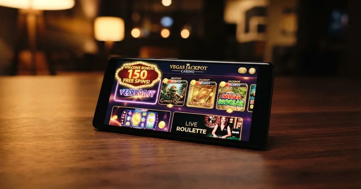 Smartphone Android con schermata home di un casinò online e icone di slot, live e bonus