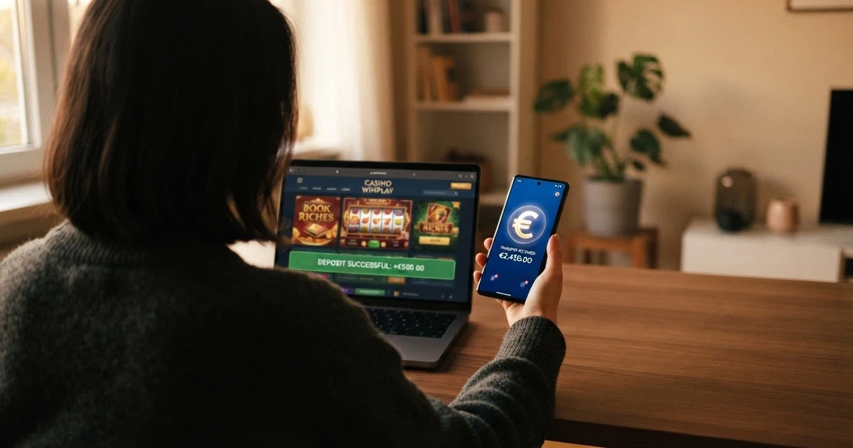 Giocatore che consulta il telefono con il simbolo del bonifico istantaneo SEPA sullo schermo, affiancato da un computer portatile aperto sulla pagina di un casinò online
