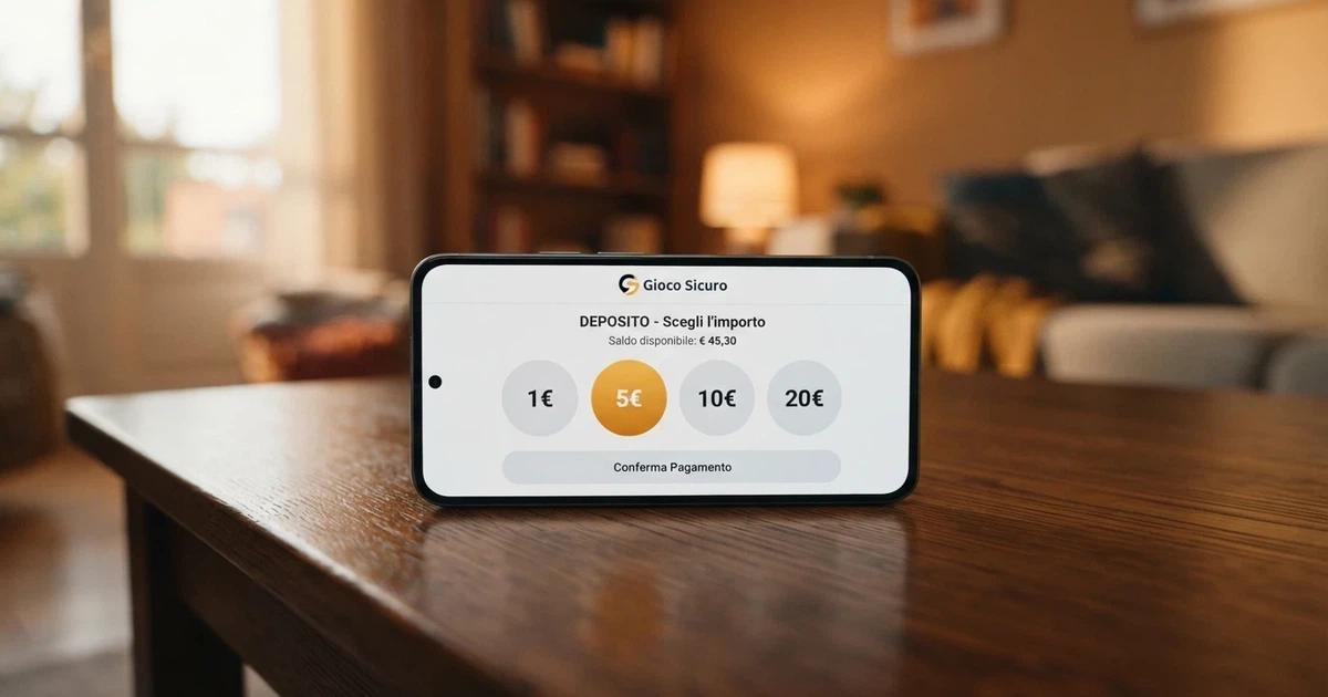 primo piano di uno smartphone con la schermata di deposito di un casinò online in italiano, cifre 1€, 5€, 10€ e 20€ visibili come opzioni di ricarica