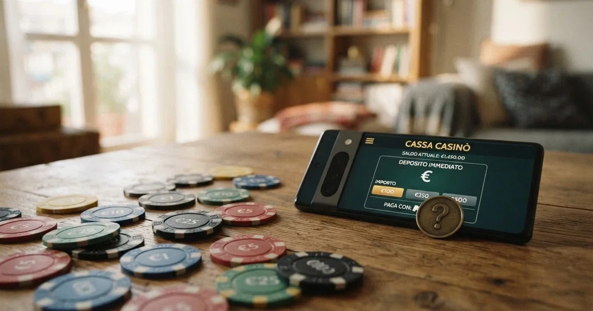 Monete da 1 euro su un tavolo accanto allo schermo di uno smartphone che mostra la cassa di un casinò online, con un punto interrogativo sopra l'importo del deposito