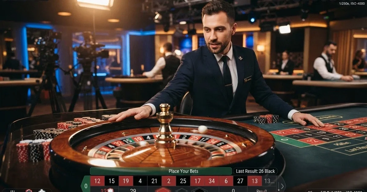 Un croupier in primo piano dietro un tavolo da roulette live, con monitor che mostrano l'interfaccia di puntata e lo studio illuminato sullo sfondo