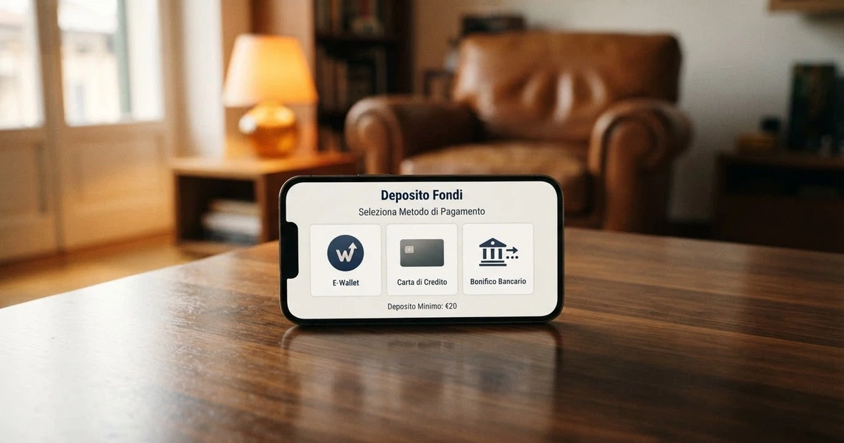 Una schermata di un casinò online italiano con diverse opzioni di pagamento in evidenza — carte, e-wallet, bonifico — su sfondo pulito