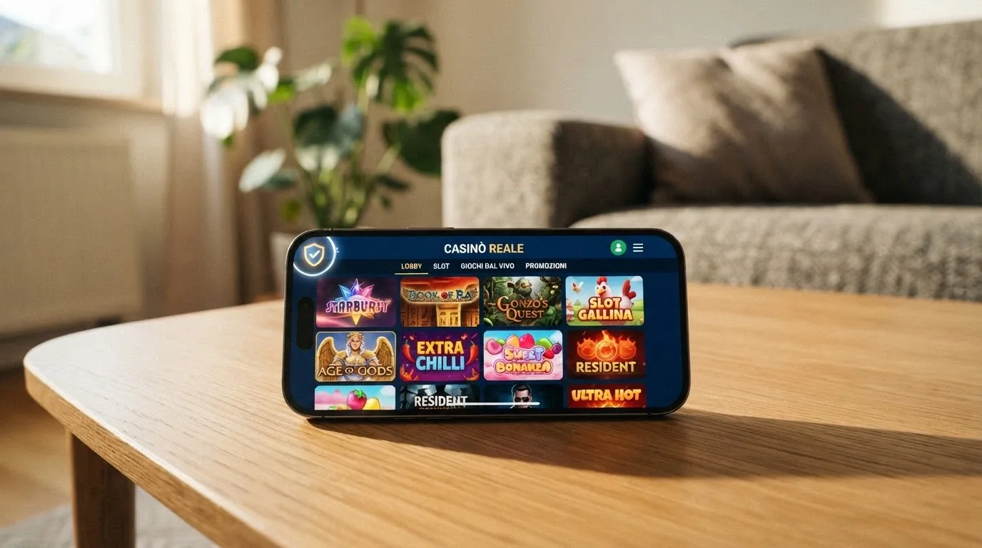 Smartphone che mostra la lobby di un casinò online ADM con giochi in evidenza e l'icona SPID