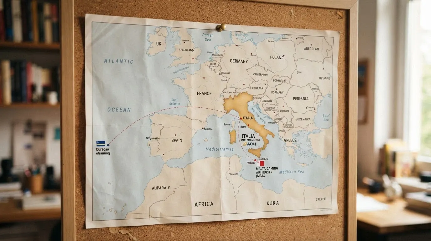 Mappa stilizzata dell'Europa con l'Italia in evidenza e frecce tratteggiate verso Curaçao e Malta