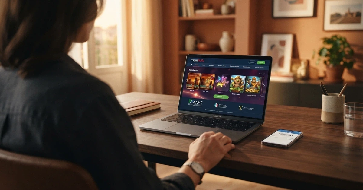Una schermata di casinò online con il logo ADM visibile nel footer e un lucchetto di connessione sicura nella barra del browser