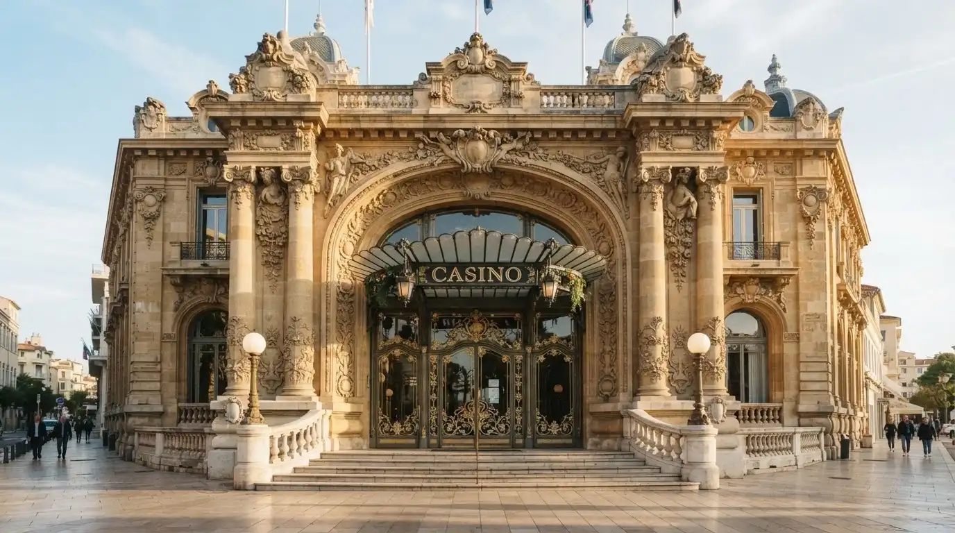 Ingresso monumentale del Casinò di Sanremo con dettagli architettonici liberty