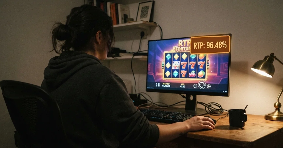 Un giocatore osserva il pannello informativo di una slot machine online con la percentuale RTP evidenziata sullo schermo