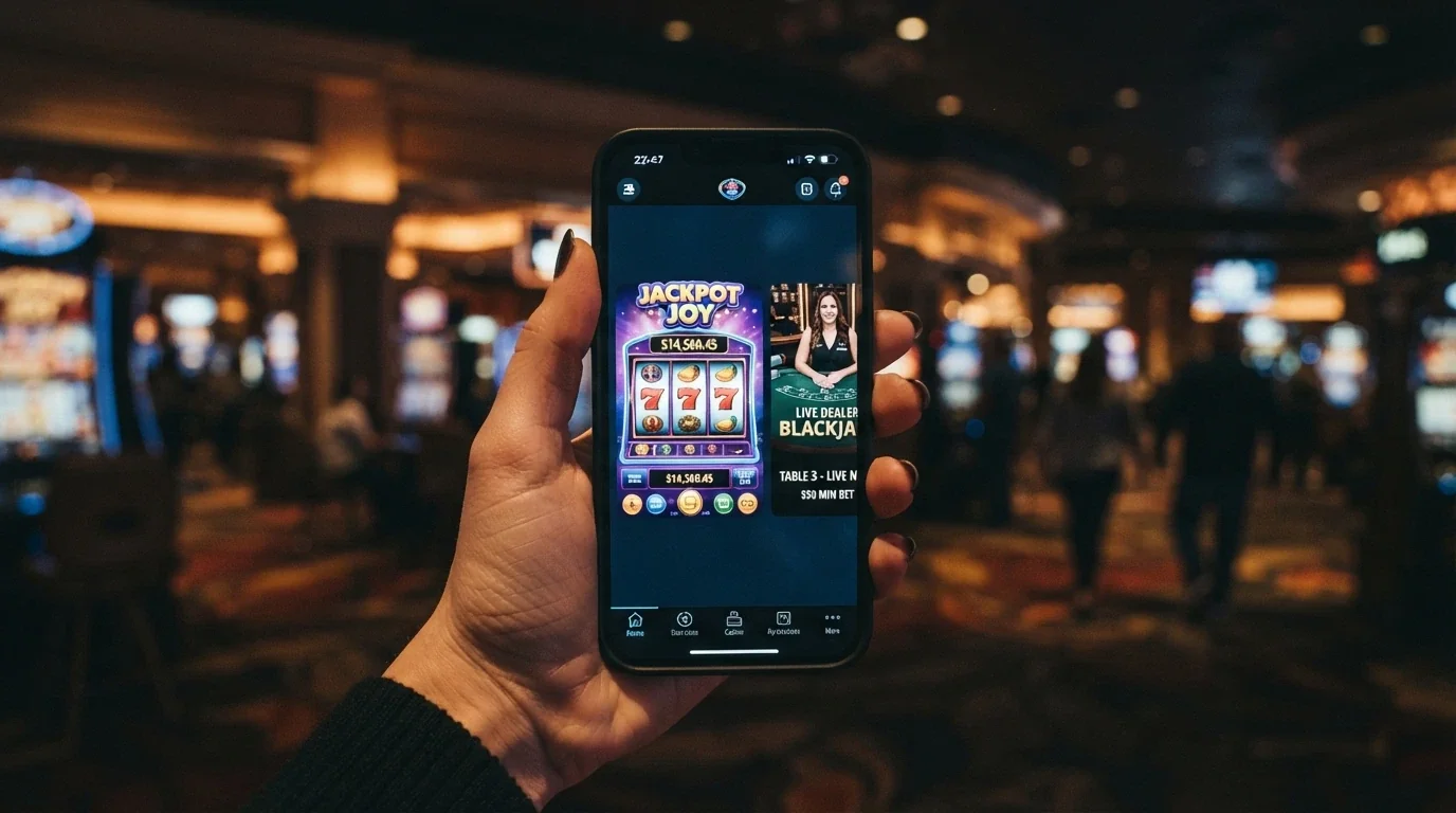 Griglia di slot e tavolo live in streaming su schermo smartphone Android