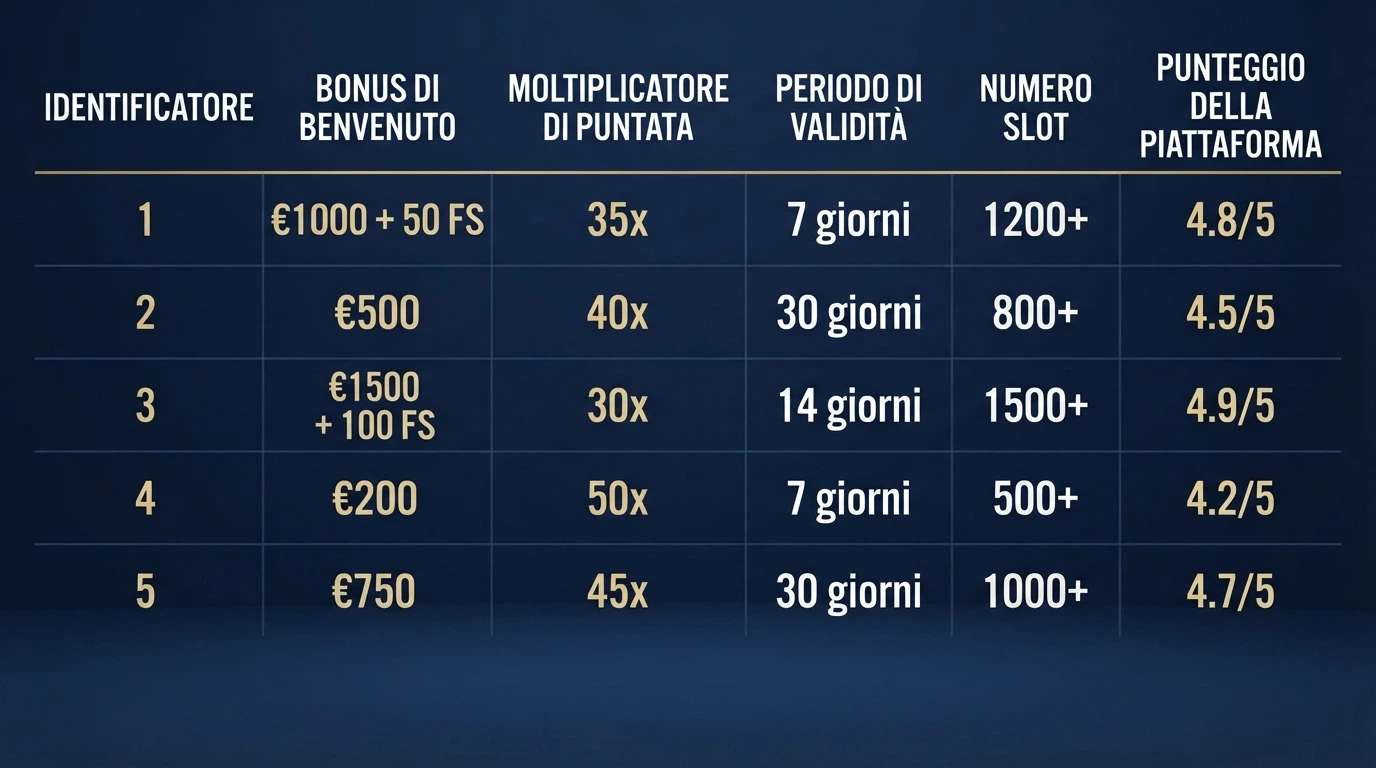 Tabella comparativa con le colonne operatore, concessione, bonus, wagering, validità e catalogo slot