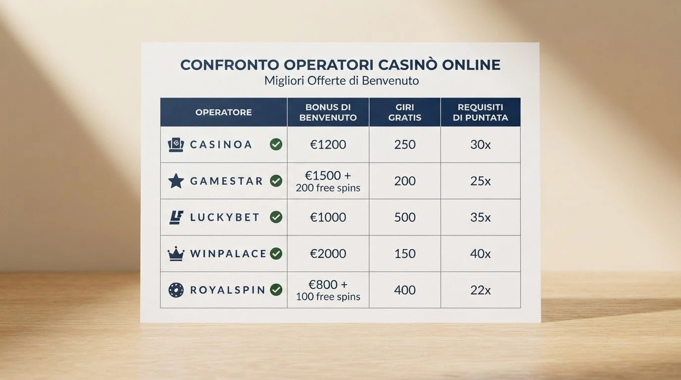 Tabella comparativa con nomi, bonus di benvenuto e licenze ADM delle migliori app casinò per iPhone