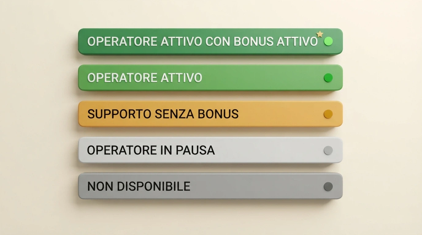 Una tabella comparativa stilizzata con loghi dei casinò e indicatori colorati per stato CIE: attivo, supportato ma senza bonus, sospeso, non disponibile