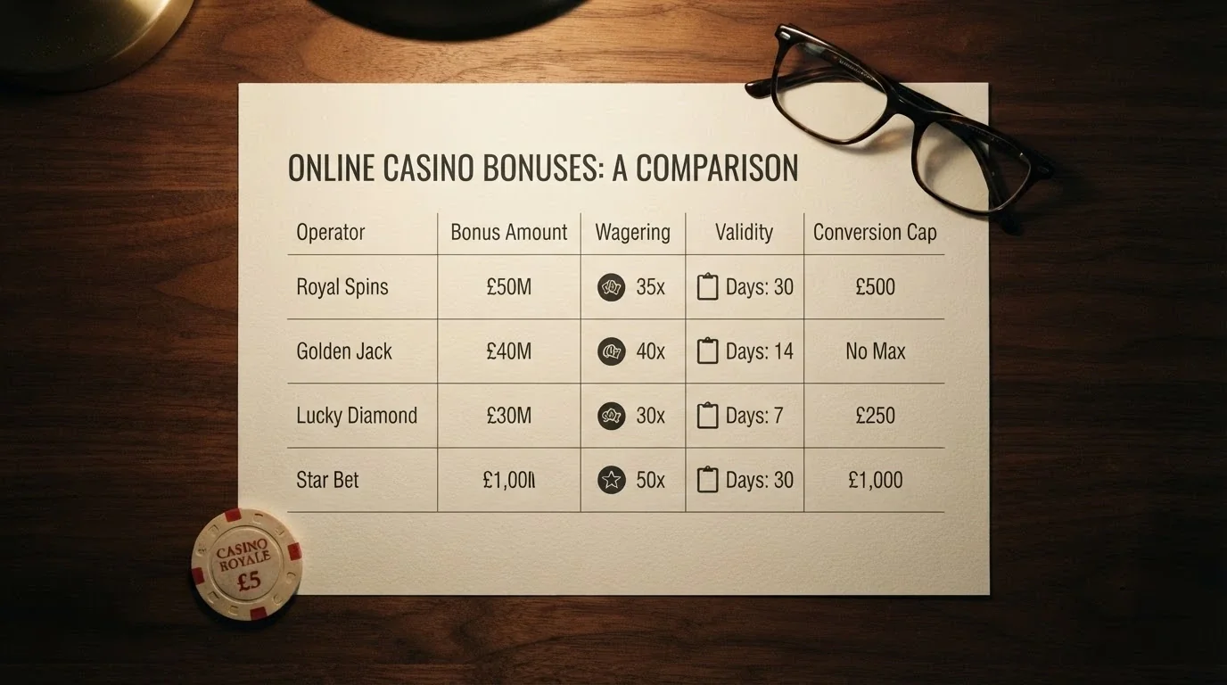 Tabella comparativa stilizzata con icone che rappresentano wagering, validità e cap per ciascun operatore