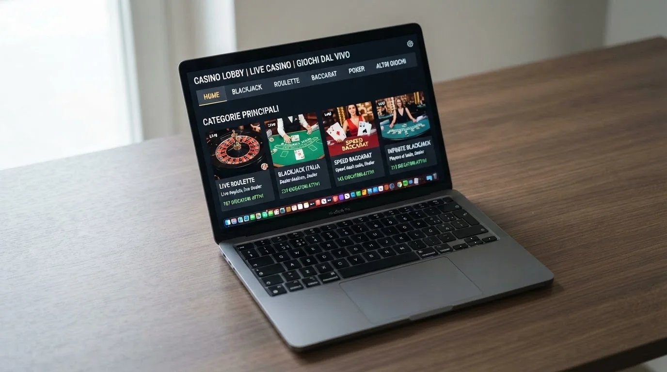 Una schermata che mostra l'interfaccia di scelta del tavolo in un casinò live ADM, con anteprime delle diverse sale (roulette, blackjack, baccarat) e il conteggio dei giocatori attivi