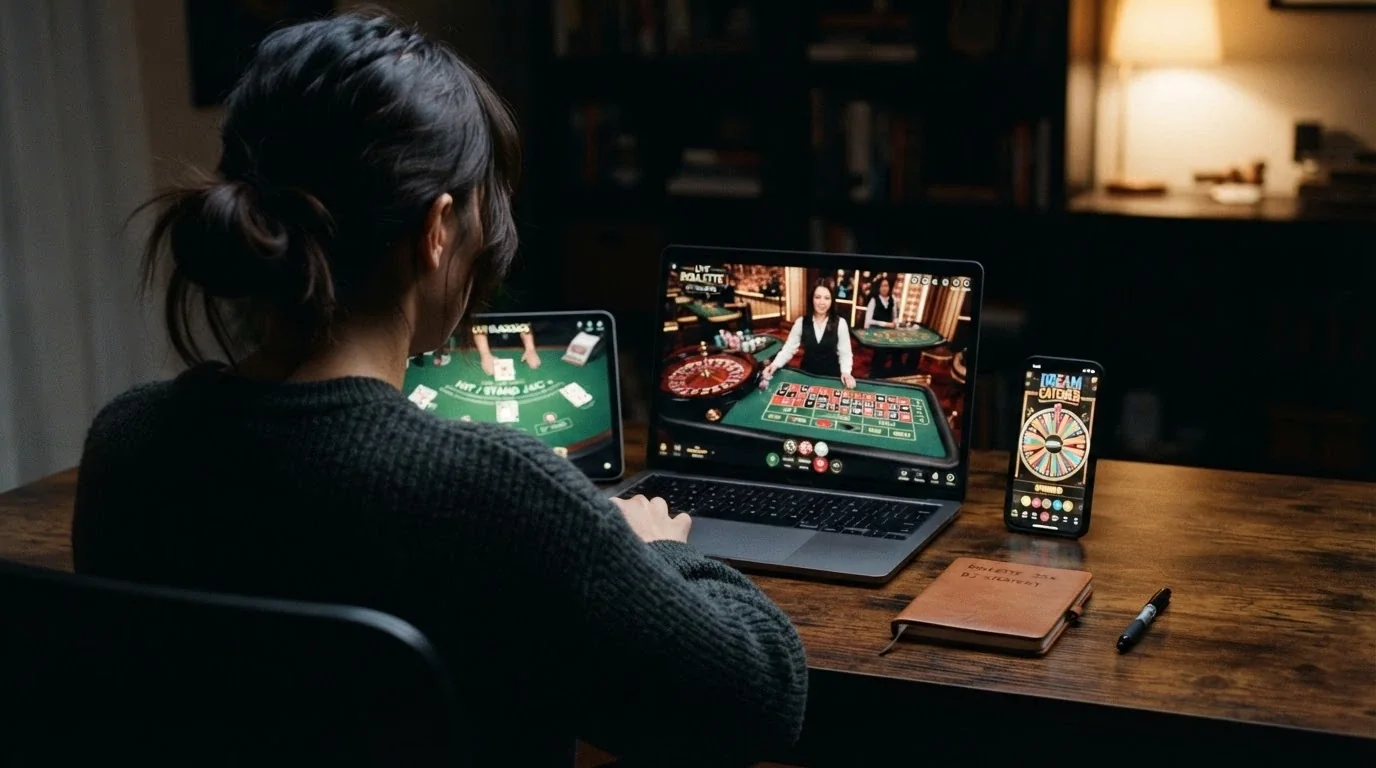 Uno schermo diviso in riquadri mostra le interfacce di diversi casinò live con tavoli attivi