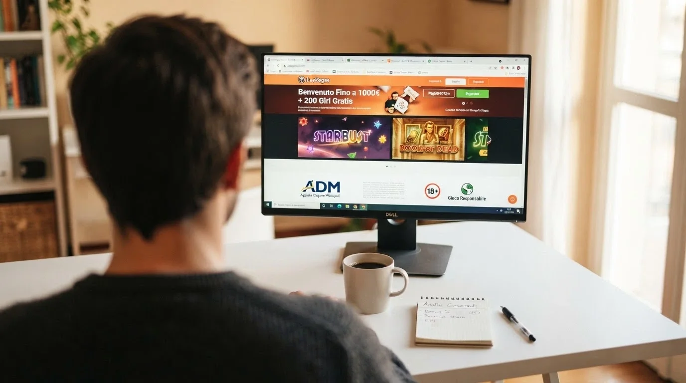 Una persona davanti allo schermo del computer con più casinò aperti in schede diverse del browser, mentre confronta licenze e termini bonus.