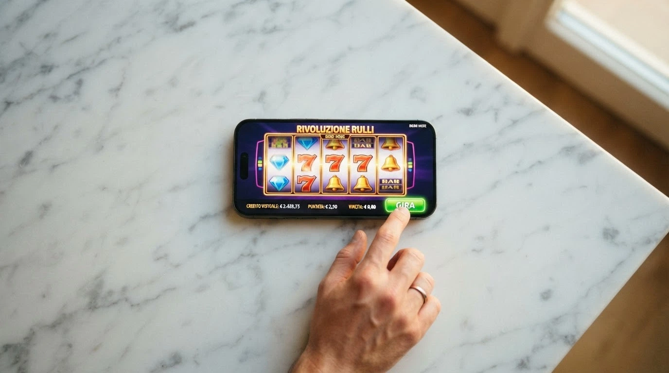 Schermata di una slot machine in modalità Play for Fun con il saldo espresso in crediti virtuali e la dicitura «denaro virtuale»