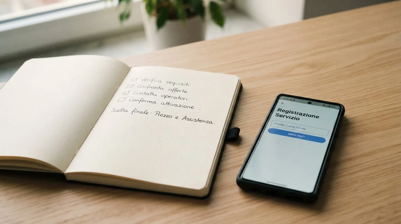 Una lista stilizzata su un blocco note affiancata a uno smartphone con la schermata di registrazione di un casinò
