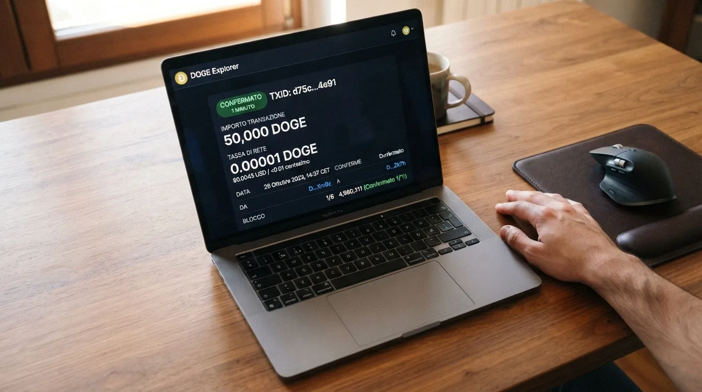La schermata di una transazione Dogecoin su blockchain explorer con il tempo di conferma (1 minuto) e la commissione (sotto un centesimo) evidenziati