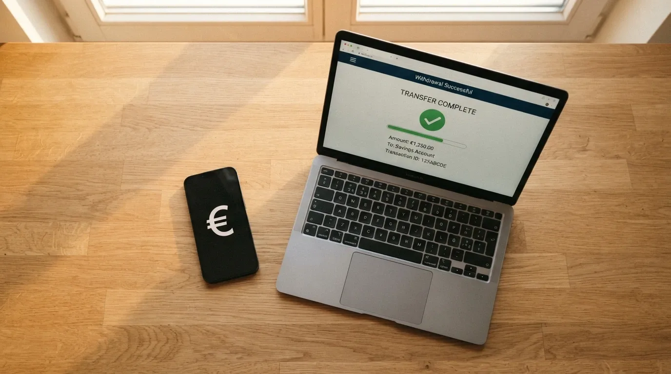 Uno smartphone con l’interfaccia di un wallet Bitcoin accanto a uno schermo che mostra la schermata di prelievo di un casinò crypto