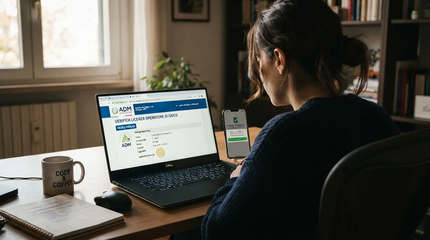 Un primo piano del logo ADM su un documento ufficiale, accostato al lucchetto verde dell'URL di un casinò online autorizzato