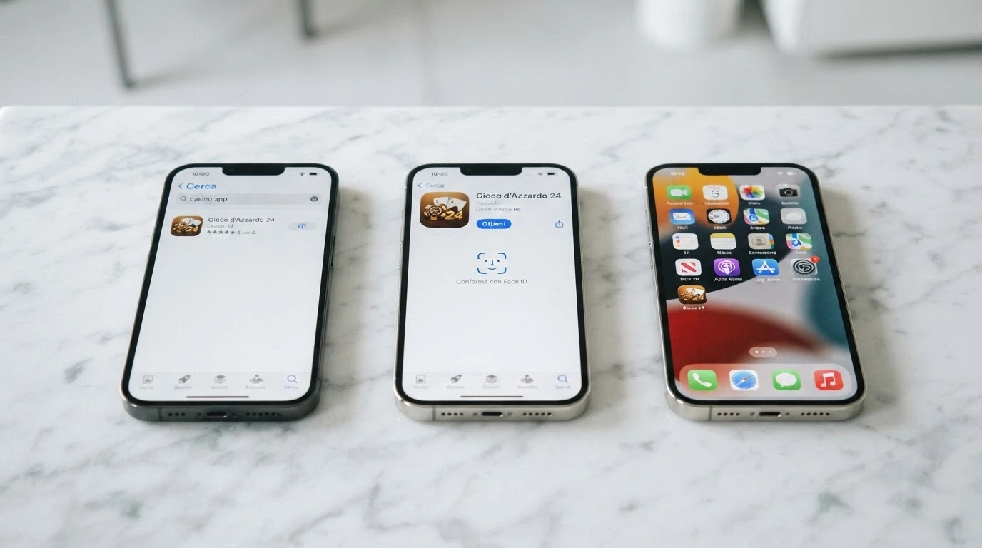 Sequenza di tre schermate iPhone: ricerca nell'App Store, tasto Ottieni, icona dell'app sulla home