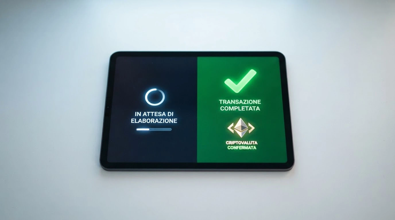 Uno schermo diviso: a sinistra un wallet Ethereum con una transazione in pending, a destra la schermata di conferma di un deposito andato a buon fine su un casinò online