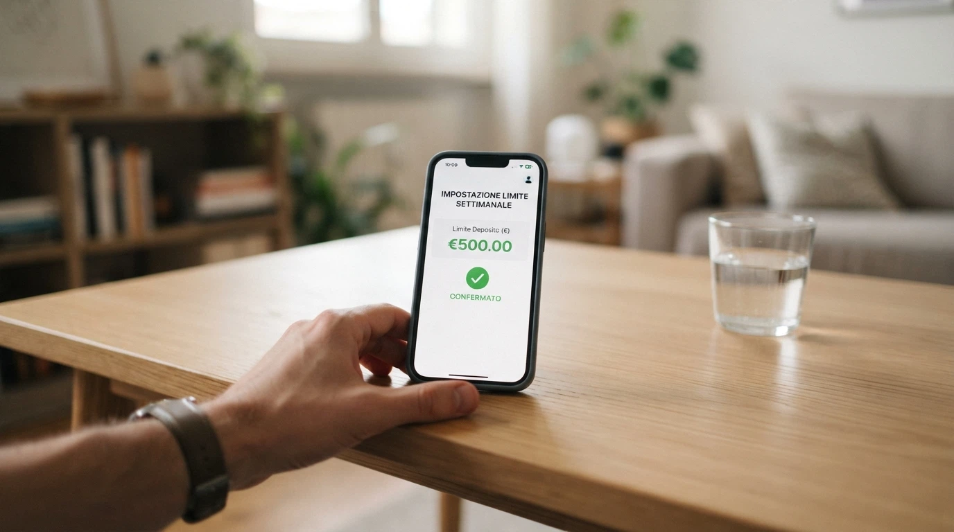 Una mano appoggia uno smartphone su un tavolo con lo schermo che mostra l'interfaccia dei limiti di deposito