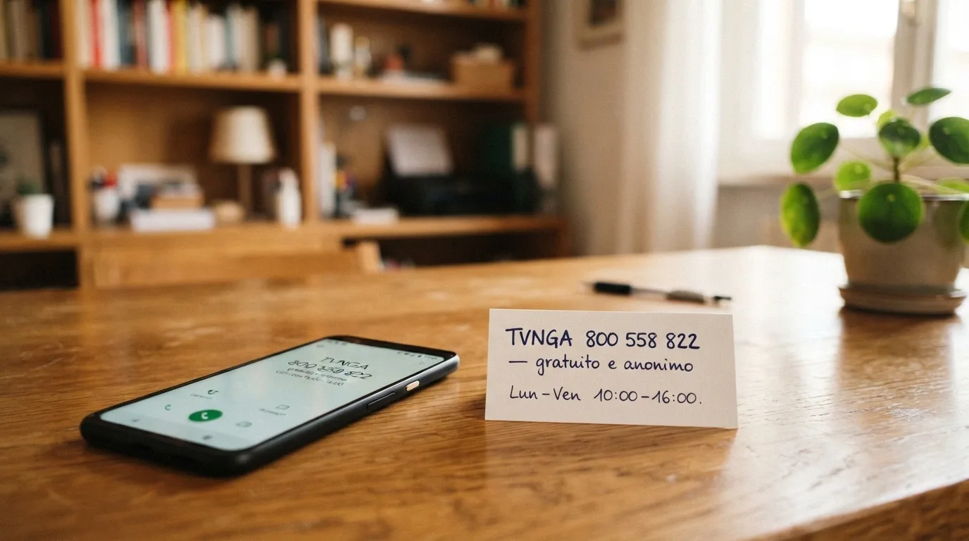 Un telefono fisso vintage con la cornetta sollevata e un biglietto accanto su cui è scritto «TVNGA 800 558 822 — gratuito e anonimo», su una scrivania ordinata con una pianta verde sullo sfondo
