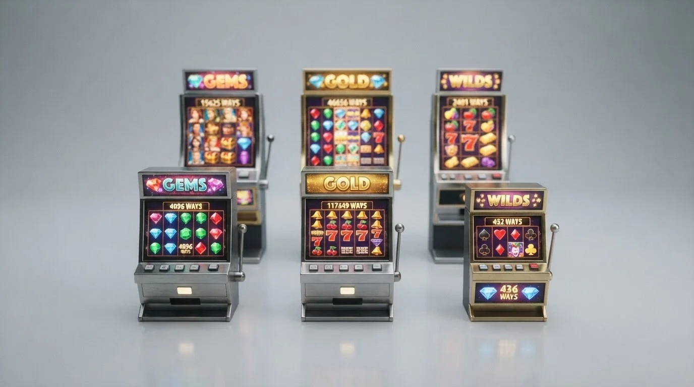 Griglia di sei slot machine Big Time Gaming in miniatura con le meccaniche Megaways in evidenza, rulli animati con simboli colorati